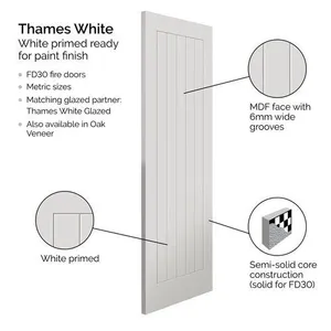 Internal White Primed Thames FD30 Door (2040mm x 926mm x 44mm) image